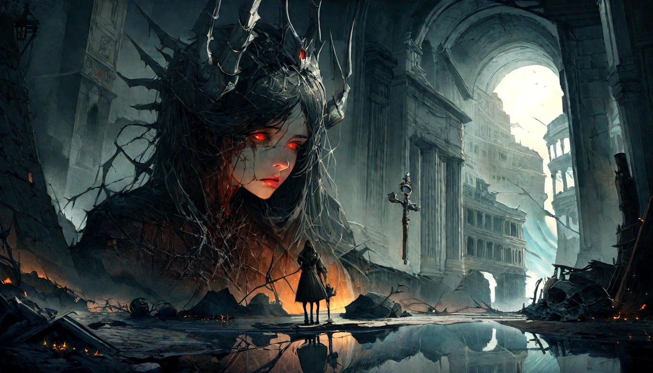 Horned metal maid female chaos warrior in armor、Holding a big sword in an abandoned post-apocalyptic city, sf, Fantasy, Horror, Skull on the ground, Blood, tornado, Rome, Empty chair,Tangled roots,key, Distorted,Extremely,Mysterious, (separation:1.1), (glaze:1.1), (reflected light:1.2), Glass, polygon, Super detailed, complicated, Oil on canvas, Dry brush, (Surrealism:1.1), (Anxious:1.1)