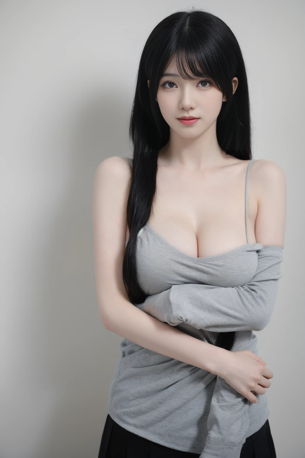 best quality, tmasterpiece,Ultra-high resolution,Clear face,（Reality：1.4），ferpect lighting，(upper body shot), (photorealistic:1.50), anime wallpaper, Guviz style artwork, cover-up fantasy up to magic , by Yang J, Guviz, beautiful artwork illustration, beautiful digital artwork, beautiful digital illustration, Li Song, beautiful anime portrait, art style in Beauvot, 1girl, 独奏, long hair, (twintails:1.3), black hair, Hair ribbon, Tank top, Pleated skirt, standing, Arms behind back,(super Giant breast:1.7),(Sagging breasts:1.5),(Cleavage:1.3), Curtain background, computers, room,
