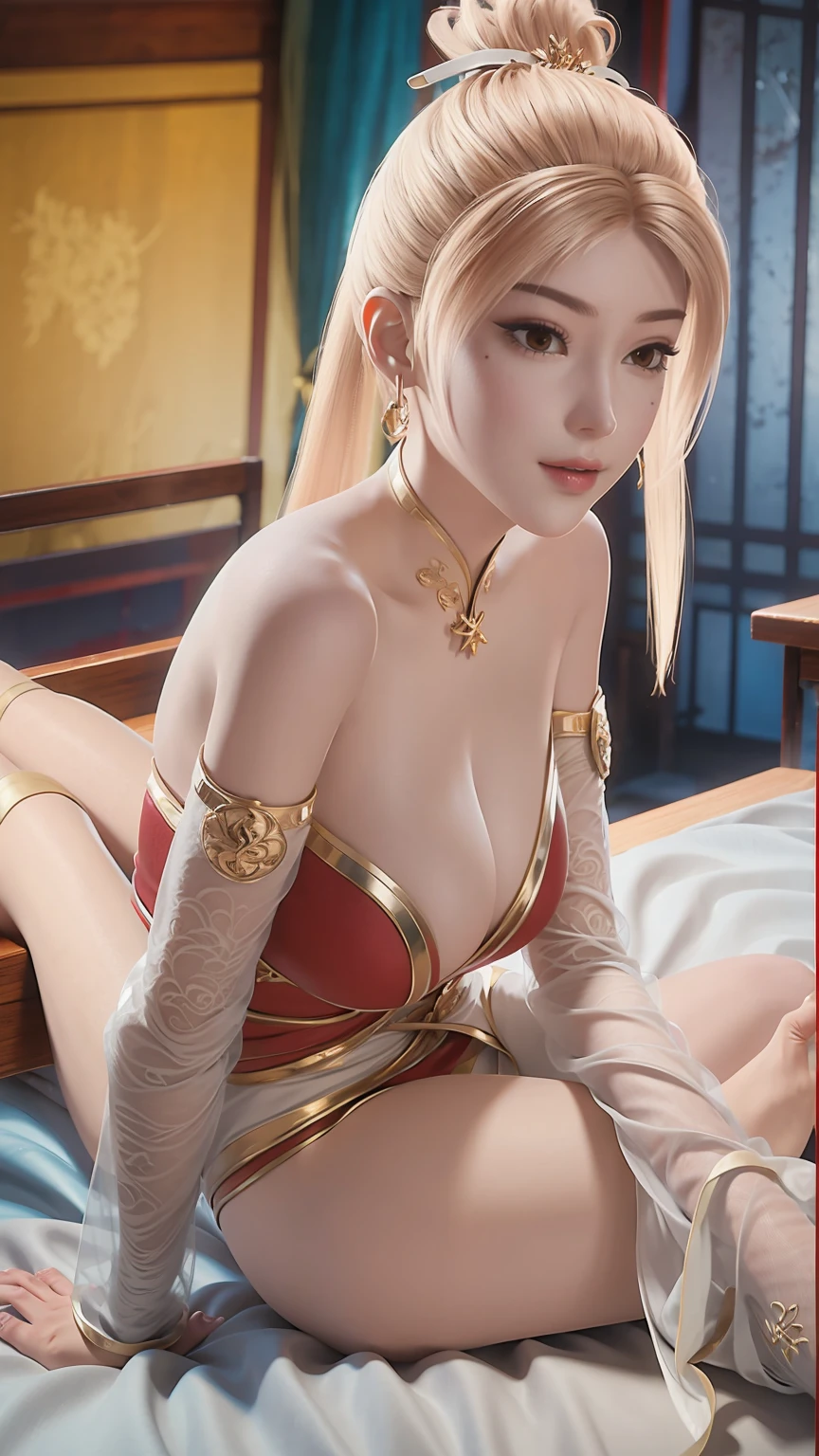 一个女孩Lying in bed，Face up，Raise your legs slightly，Front view super detailed beautiful big breasted girl 16 years old. Ultra HD, 4K, 8K, Movie，whole body，Lying down，Long legs，Very big breasts，whole body捕捉，（（（Lying in bed））），（（（whole bodyLying in bed））），Blue bed，Off-shoulder，Shoulder to shoulder，Lying in bed，Sleeping on the pillow，Lying down，Headrest pillows