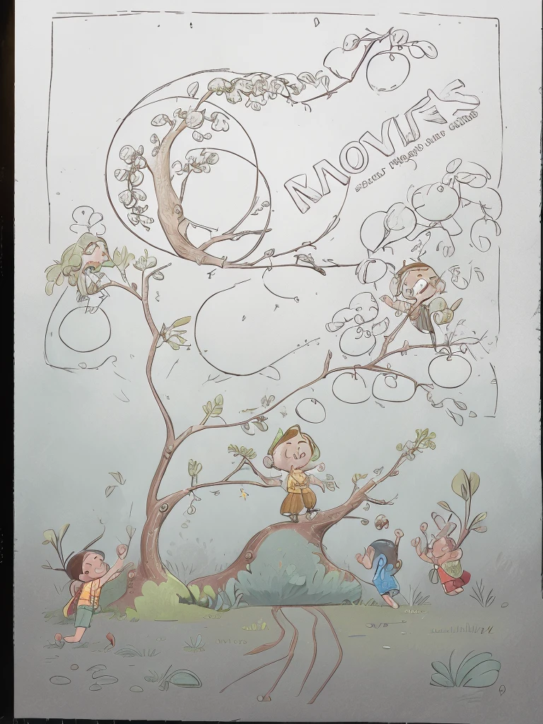 ancient green trees, blue sky from the ground, children playing, bronze logo, gold letters on red background, green trees, gold fruit, red fruit, digital style painting