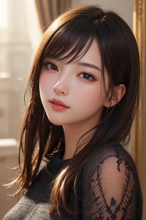 ultra high res,masterpiece,best quality,
very detailde face,detailed eyes,extremely intricate,perfect glossy shiny skins,perfect lighting,detailed lighting,dramatic shadows,ray tracing,
1girl,upper body,black sweater,looking at viewer,