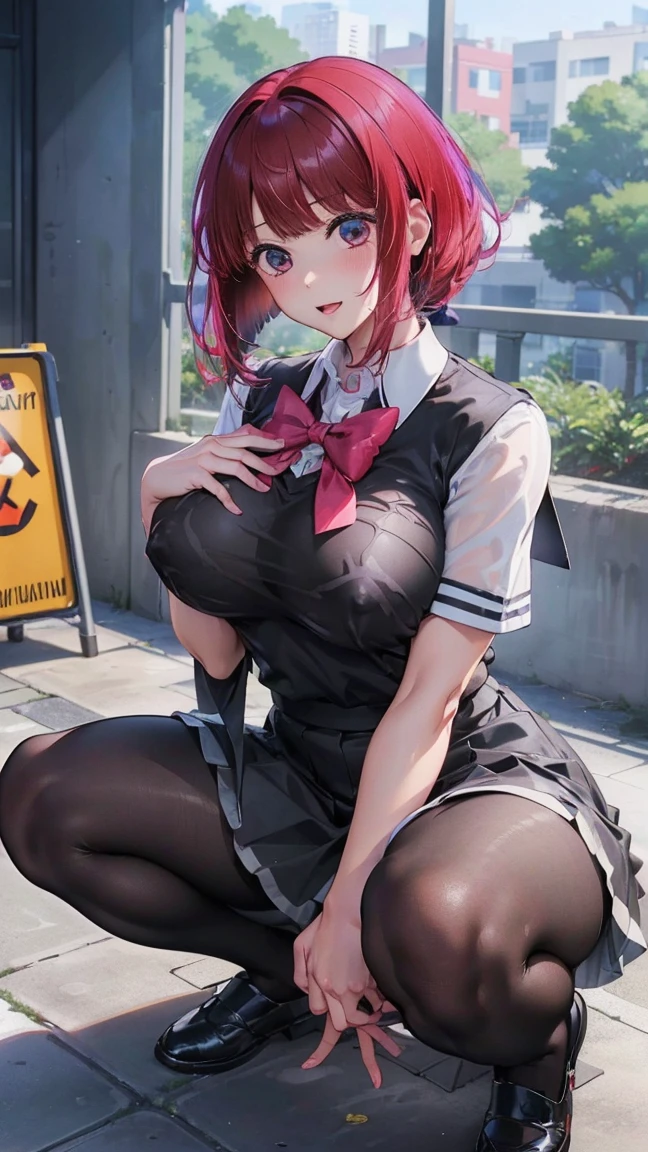 (masterpiece)、(Best image quality)、(Very detailed)、(Very detailed)、4K、(8K)、Best image quality、(beautiful)、 More about Campbell, 1 Girl,Huge breasts、Thick thighs,A light smile、Dynamic pose、gravure、Dynamic Angle、Noise Reduction、Emphasis on the crotch、Breast augmentation、(Transparent black pantyhose:1.2),squat,Spread your legs,pubic hair,(school uniform:1.2),(Browsing Caution :1.3)