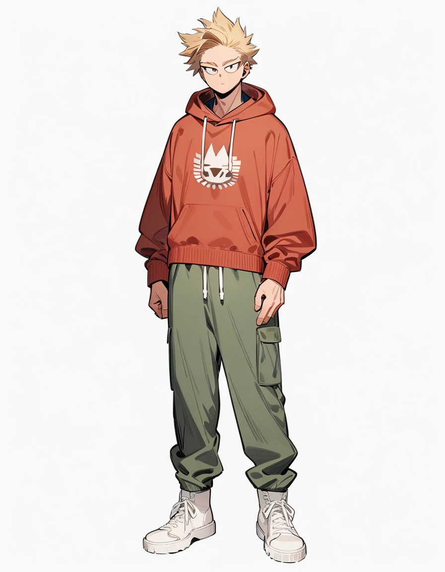 One boy, male focus, brown and blond hair, boku no hero academia, masterpiece, best quality, very aesthetic, red hoodie, navy green joggers, white leather boots, full body illustration, casual front pose.