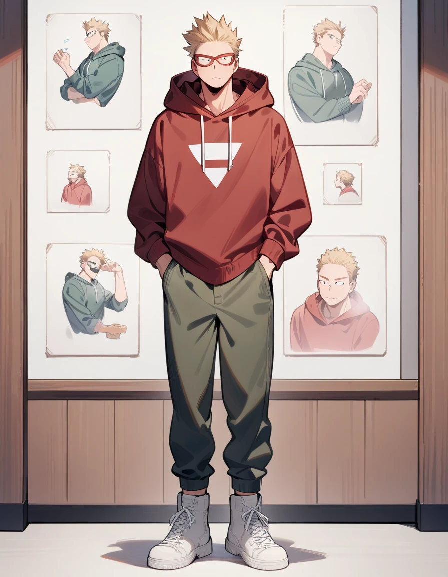 One boy, male focus, brown and blond hair, boku no hero academia, masterpiece, best quality, very aesthetic, red hoodie, navy green joggers, white leather boots, full body illustration, casual front pose.