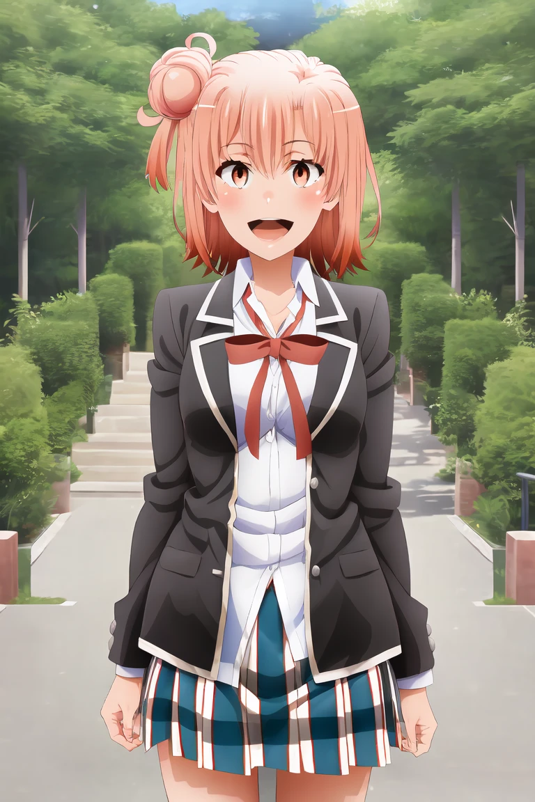 masterpiece, Highest quality, High resolution, Ahyu, short hair, Single hair bun, Red eyes, chest, clavicle, Neck ribbon, White shirt, Dress shirt, blazer, Black jacket, Open jacket, Long sleeve, Checked skirt, Are standing, Cowboy Shot, Outdoor, Smile 1 girl, alone, 巨大なchest, Open your mouth, Looking at the audience, Skin dents,White Background,