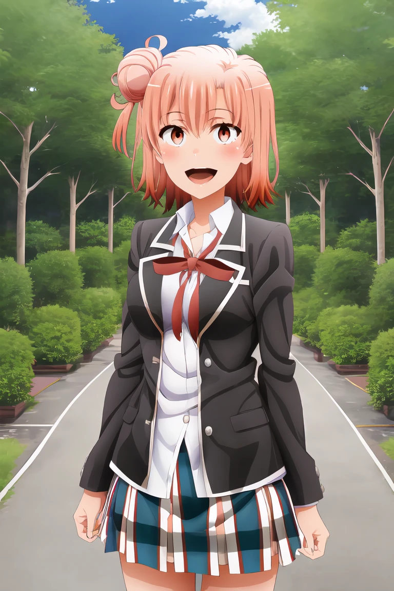 masterpiece, Highest quality, High resolution, Ahyu, short hair, Single hair bun, Red eyes, chest, clavicle, Neck ribbon, White shirt, Dress shirt, blazer, Black jacket, Open jacket, Long sleeve, Checked skirt, Are standing, Cowboy Shot, Outdoor, Smile 1 girl, alone, 巨大なchest, Open your mouth, Looking at the audience, Skin dents,White Background,