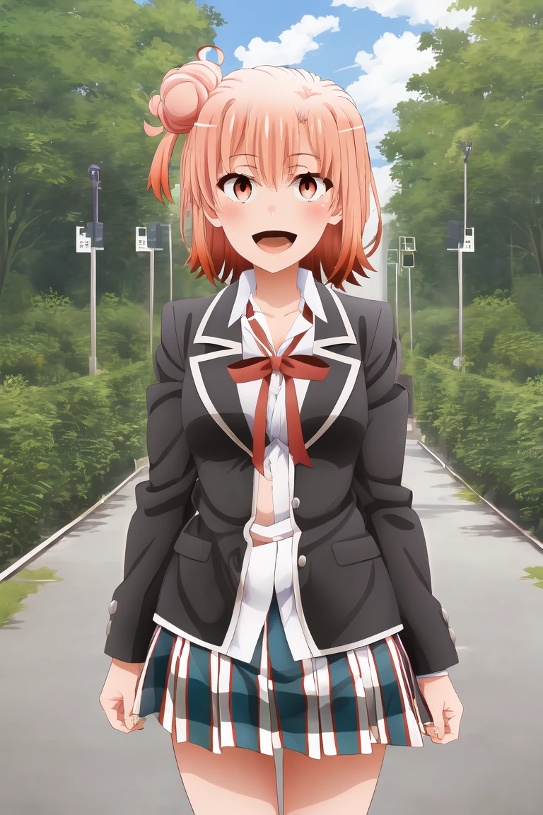 masterpiece, Highest quality, High resolution, Ahyu, short hair, Single hair bun, Red eyes, chest, clavicle, Neck ribbon, White shirt, Dress shirt, blazer, Black jacket, Open jacket, Long sleeve, Checked skirt, Are standing, Cowboy Shot, Outdoor, Smile 1 girl, alone, 巨大なchest, Open your mouth, Looking at the audience, Skin dents,White Background,