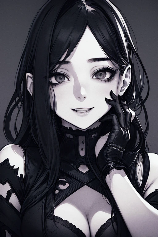 Highest quality, (Background details), High Contrast, Very beautiful woman, Detailed original illustrations、functional、Ninja、Ninja costume、Delicate face、attractive、Villainess、sexy、Real breasts、Crazy Smile, Crazy Eyes, Head close-up, Black background, (Black background: 1.5), Beautiful line art、Monochrome