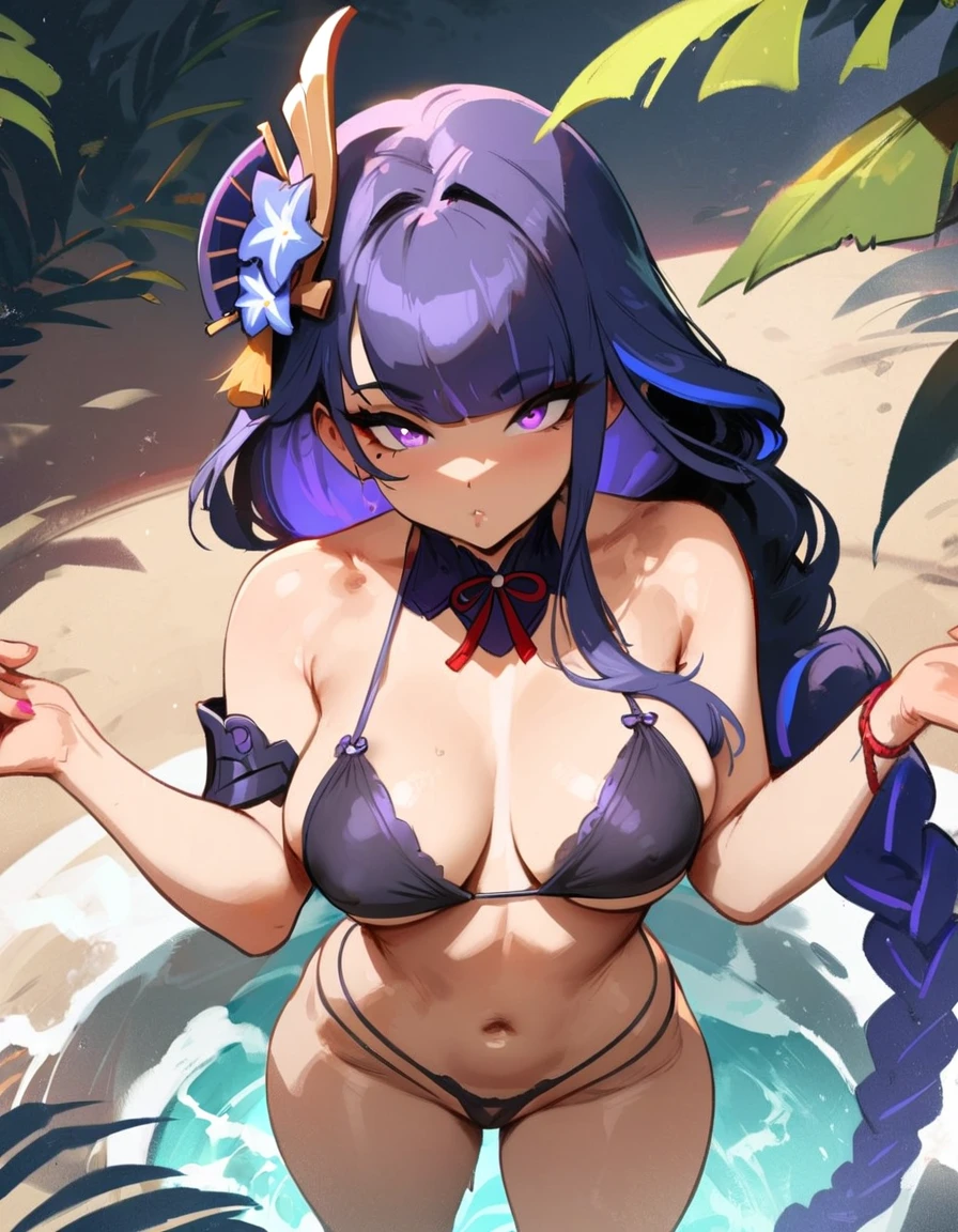 1girl, raiden shogun, genshin impact //// masterpiece, best quality, very aesthetic, absurdres, newest, rating:nsfw ///// by nyantcha, cutesexyrobutts,by khyle, omone hokoma agm ///// perfect anatomy, perfect body,  ///// purple eyes, purple hair, bikini, beach

