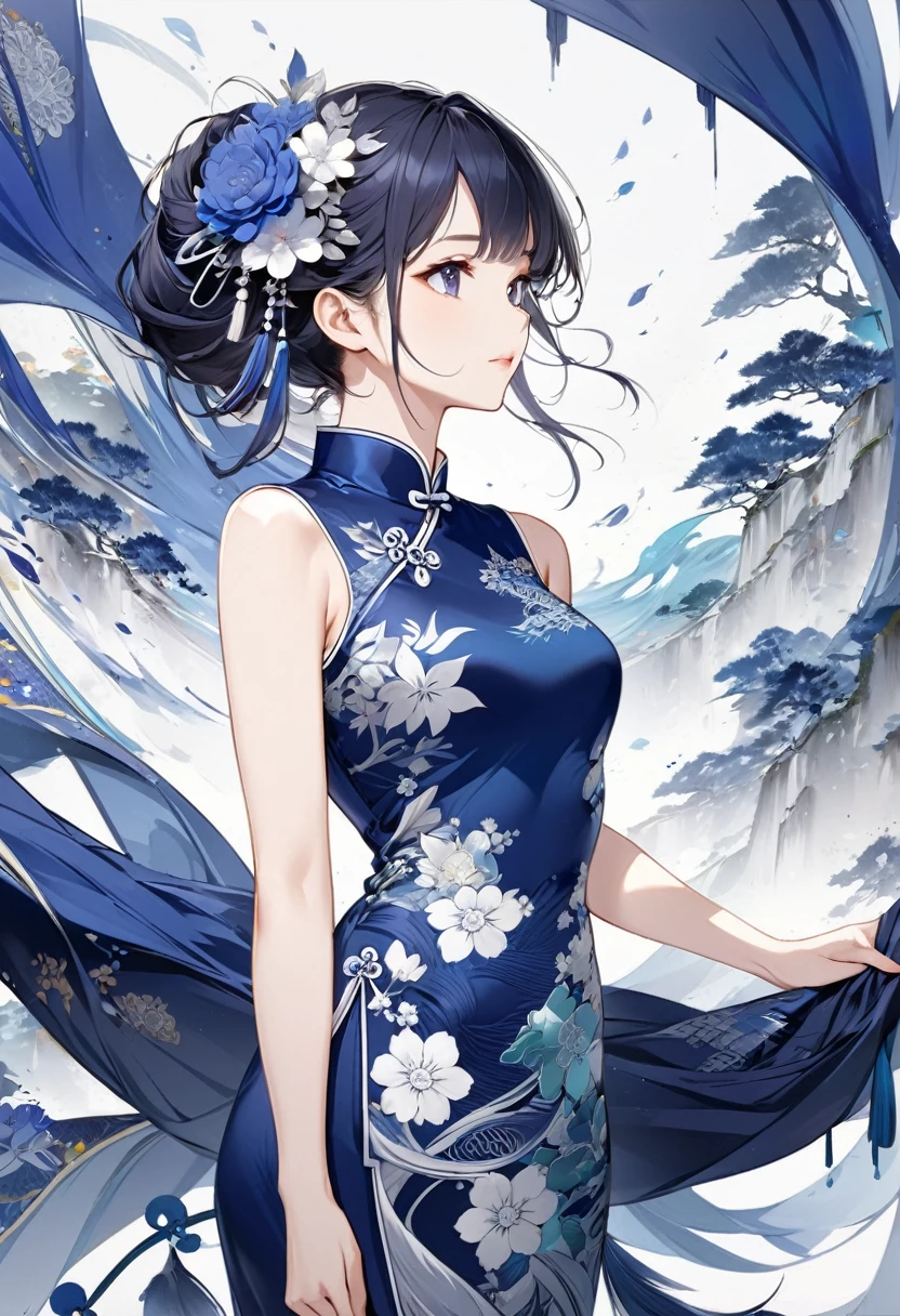 Wearing indigo cheongsam(Long silk cheongsam in color and silver embroidered flowers )Oriental beautiful girl with perfect anatomy beautiful elegant art masterpiece background is(minimalist abstract plane)Abstract blurred giant leaf oriental ink painting style clean clear colors super detailed animation art perfect composition intricate details meticulous digital art