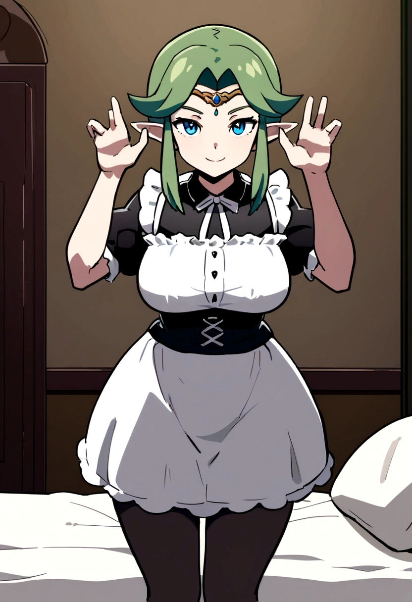 (full body image:1.5), (Princess Zelda, standing, alone:1.2) ,(big bust:1.5), (She is wearing a black maid outfit with a very short white skirt../Clothes that fit her body very well:1.3), (She&#39;s in front of the bed in the hotel room:1.3), She has (blue eyes, dark green mohawk hair:1.2), (she is smiling, looking at viewer. Exhibitionist pose:1.2), animation style, 16,000, best quality, high details, textured skin, uhd, masterpiece, anatomically correct