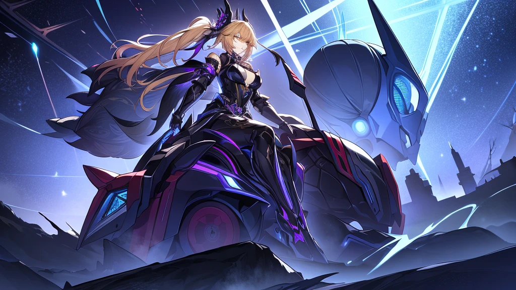 She has red eyes and blonde hair and a side ponytail hairstyle., adorned with an orange blossom accessory. The costume is futuristic and militaristic, with black and blue details, including gloves, high boots and pieces that look like armor. There are chains attached to the waist of the suit. Notably, the character has a mechanical arm on the left side that emits blue electrical energy. The character is sitting on a throne that appears to be made of a dark metallic material with sharp edges and glowing purple lines., suggesting futuristic or supernatural qualities. Behind the character, there is a large skull motif integrated into the throne design, adding to the eerie atmosphere. The background features architectural elements resembling broken walls or ruins with a glimpse of the sky above. There are also effects similar to purple electricity around the character,