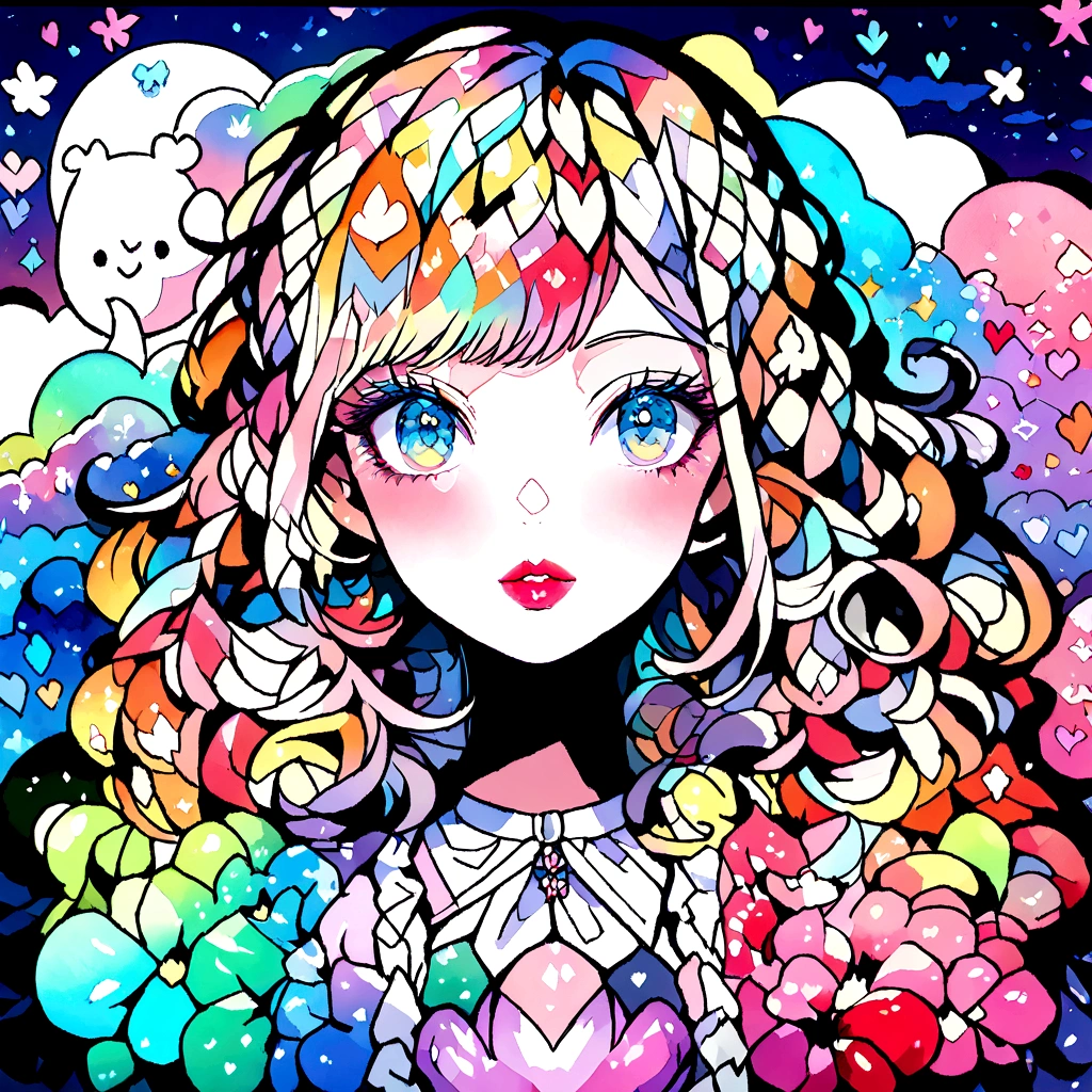 Eku Uekura Style、(((stylish fashion))), 8K Quality、Intense watercolor, Detailed watercolor art, Watercolor splash, Surreal, avant-garde pop art, Beautiful and expressive paintings, Beautiful artwork illustration, Very colorful tones, wonderful, Cool beauty, highest quality、Official Art, Vector art, Stylish design, (((The most beautiful girl))), (((highest quality))), HDR, ((detailed)), (((Doodle Art)), ((masterpiece)), ((Super detailed)), (((Colorful flowers))), colorful hearts, (((Stylish))), Lips in love