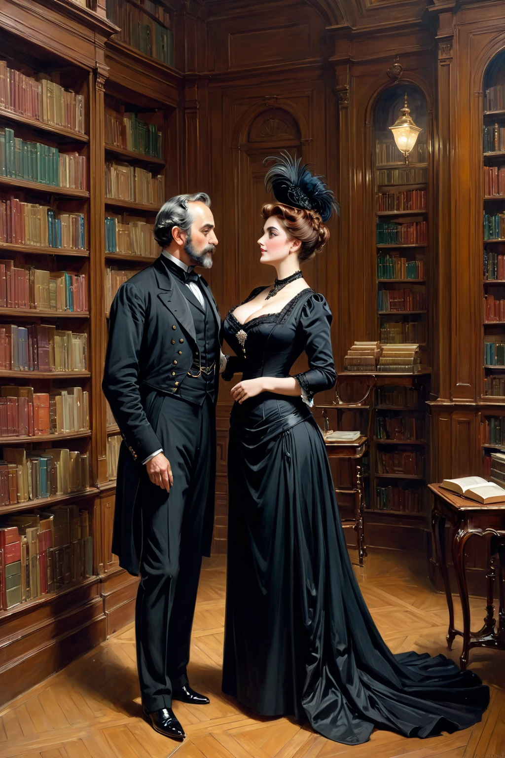 Full body view, a tall voluptuous buxom, fully figured, mature victorian widow in a black dress having a intimate conversation with a eldely gentleman in the library, by Jean Béraud, inspired by Jean Béraud, inspired by Édouard Detaille, edouard leon cortes, inspired by Ivan Kramskoi, inspired by Jean-Louis-Ernest Meissonier, by Édouard Detaille, inspired by Paul Émile Chabas