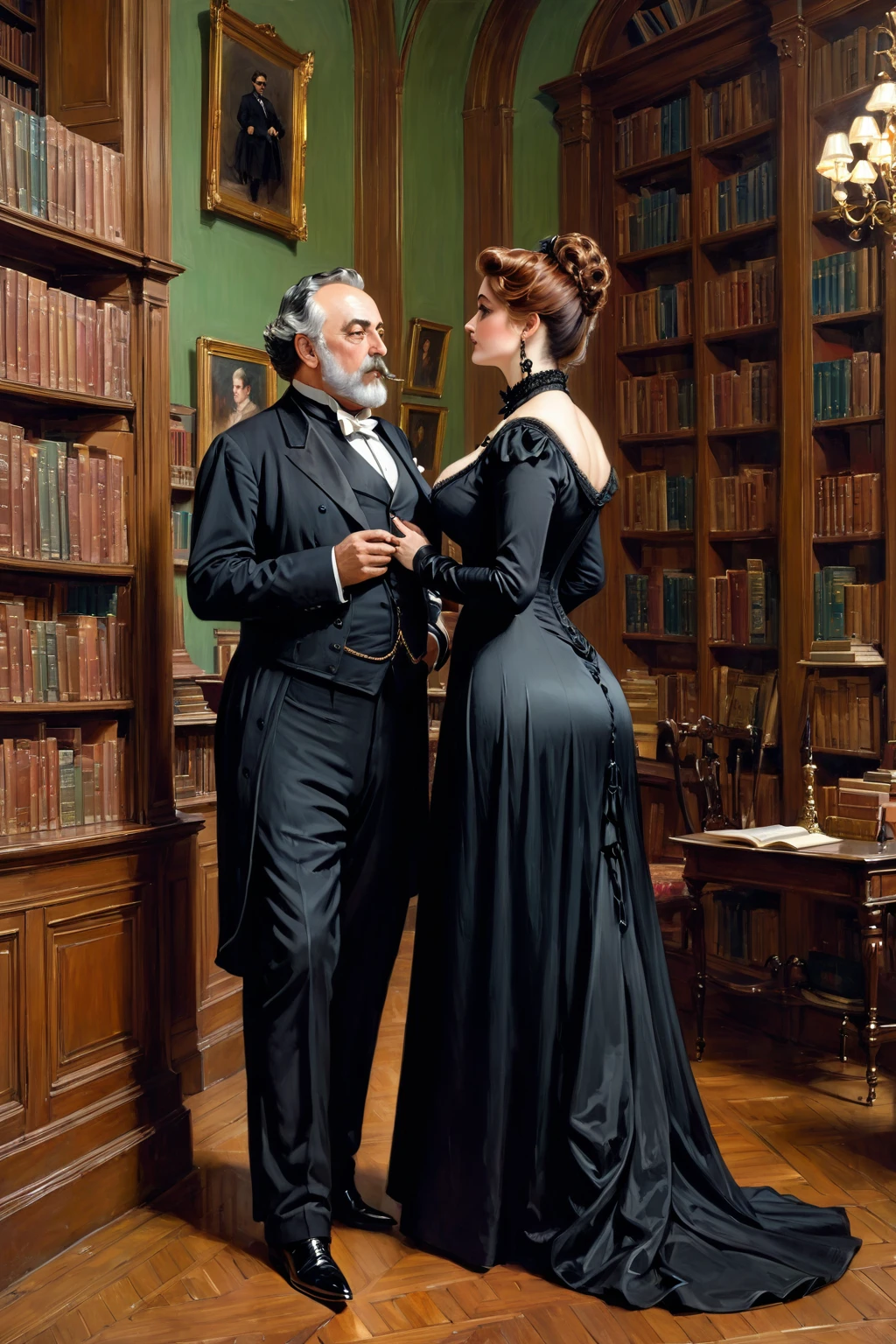 Full body view, a tall voluptuous buxom, fully figured, mature victorian widow in a black dress having a intimate conversation with a eldely gentleman in the library, by Jean Béraud, inspired by Jean Béraud, inspired by Édouard Detaille, edouard leon cortes, inspired by Ivan Kramskoi, inspired by Jean-Louis-Ernest Meissonier, by Édouard Detaille, inspired by Paul Émile Chabas