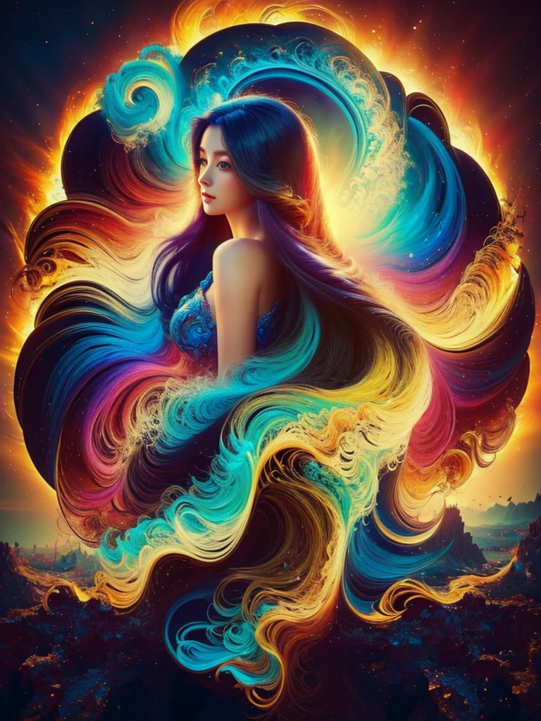 Drawing of a woman with long, colorful hair. Beautiful digital illustrations. Stunning digital art. Gorgeous digital art. A beautiful artistic illustration. Beautiful digital artwork. Complex digital painting. Very beautiful digital art. Vibrant digital paintings. Beautiful gorgeous digital art. Psychedelic flowing hair. Colorful numbers. Inspiring digital artwork. Stylized digital art.