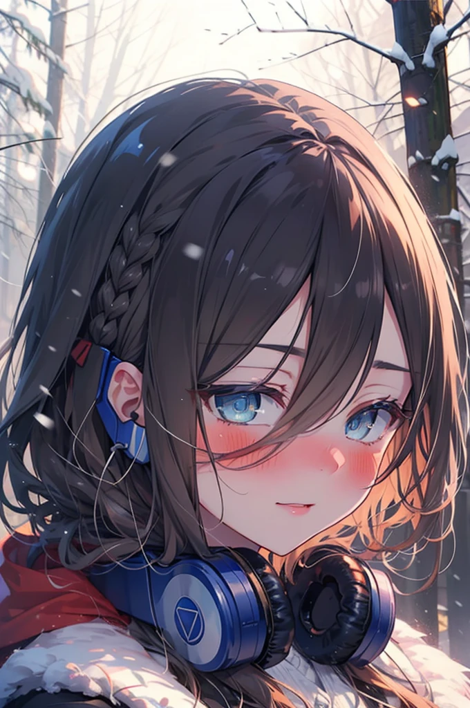 miku nakano, miku nakano, Long Hair, bangs, Brown Hair, shirt, Hair between the eyes, cardigan, Headphones around the neck,smile,blush,White Breath,
Open your mouth,snow,Ground bonfire, Outdoor, boots, snowing, From the side, wood, suitcase, Cape, Blurred, Increase your meals, forest, White handbag, nature, Squat, Mouth closed, フードed Cape, winter, Written boundary depth, Black shoes, red Cape break looking at viewer, Upper Body, whole body, break Outdoor, forest, nature, break (masterpiece:1.2), Highest quality, High resolution, unity 8k wallpaper, (shape:0.8), (Beautiful and beautiful eyes:1.6), Highly detailed face, Perfect lighting, Highly detailed CG, (Perfect hands, Perfect Anatomy),