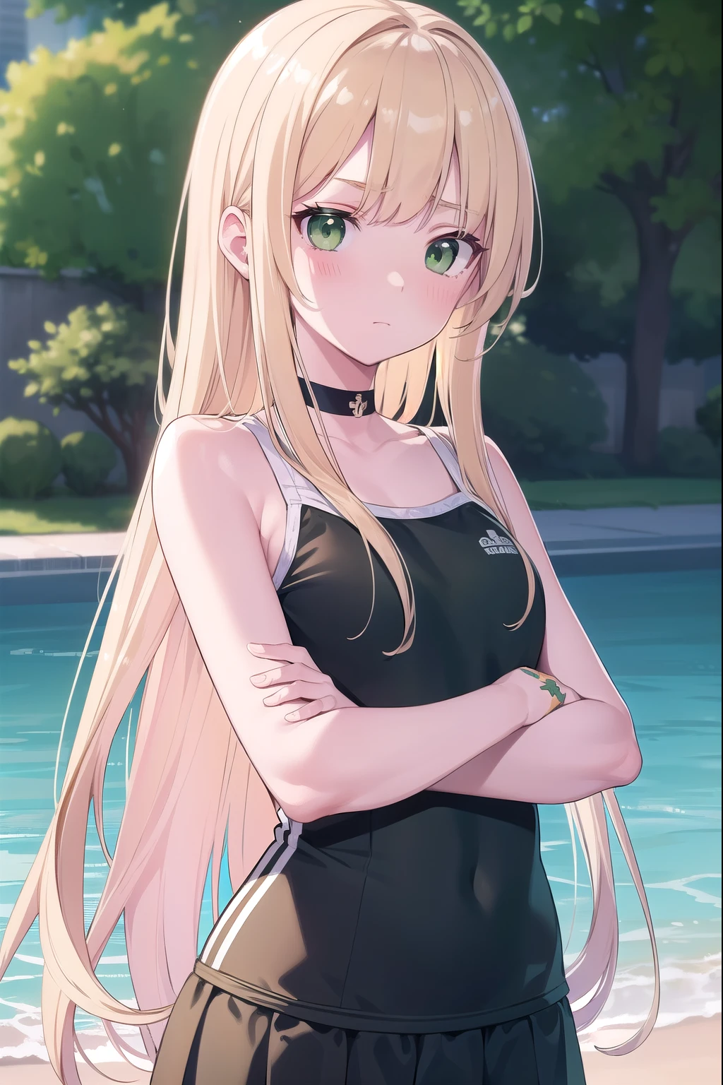 Blonde Hair, choker, (Green Eyes:1.5), Long Hair, dress, skirt, blush, blush stickers, Cross your arms behind your back, Arms folded behind back, school swim wear, break looking at viewer, break outdoors, city, break (masterpiece:1.2), highest quality, High resolution, unity 8k wallpaper, (figure:0.8), (Beautiful fine details:1.6), Highly detailed face, Perfect lighting, Highly detailed CG, (Perfect hands, Perfect Anatomy),