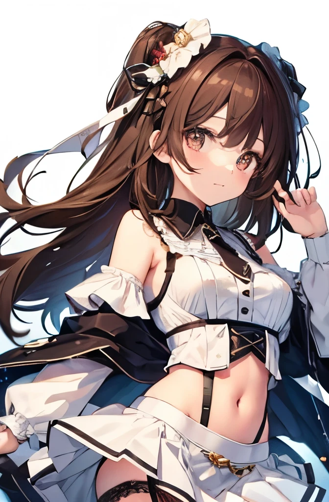 noshiro (kancolle), 1girl, solo, long hair, breasts, looking at viewer, smile, bangs, large breasts, simple background, brown hair, gloves, white background, dress, navel, cleavage, hair between eyes, green eyes, collarbone, braid, cowboy shot, white dress, twin braids, cosplay, revealing clothes