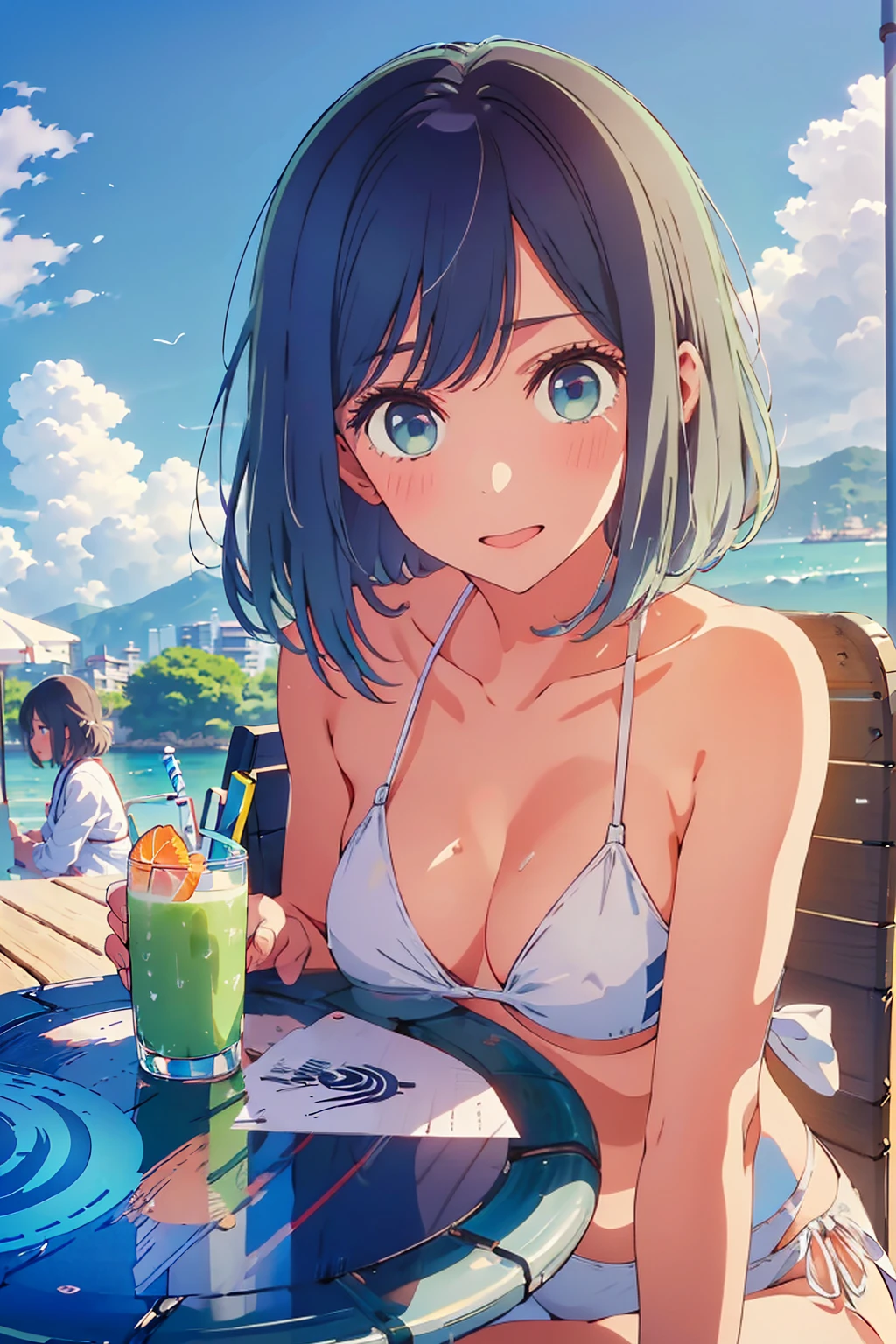 (Highest quality:1.4、8K:1.4、detailed)、F cup bust、Big Breasts、Slim body、Very white beautiful skin、((((1 person、Surprised expression、sit、Chair、In the background are the urban buildings of Tokyo、looking at the camera、Outdoor café terrace、coastal、Navy hair color、juice、White side string high leg bikini、Shooting up close、table、Very cute face))))、(Pose of putting hair behind ears with hands:1.4、Bikini straps come off:1.1)、Very blue sky、A completely cloudless sky