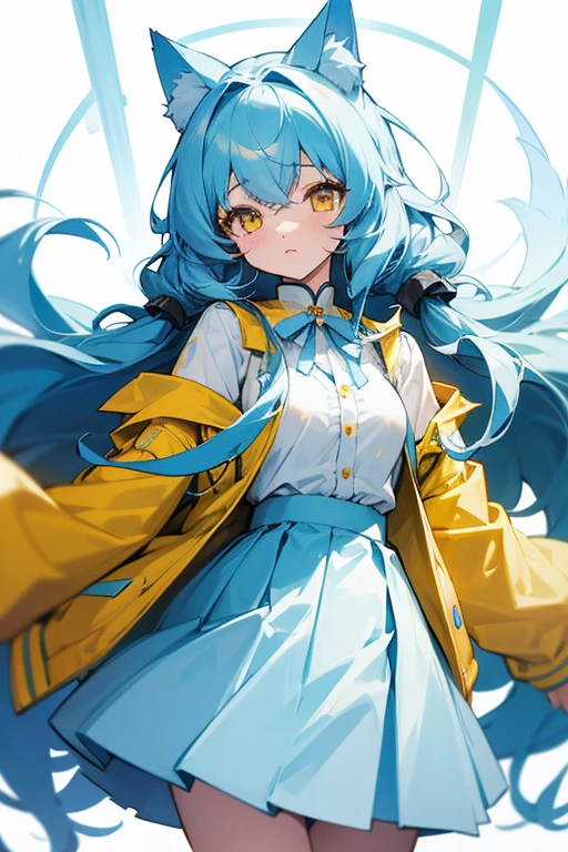 Light blue, slightly long curly hair、Cat ear、Yellow Eyes、White blouse、Yellow jacket、Light blue skirt、Light blue ribbon on chest、Girl、cute