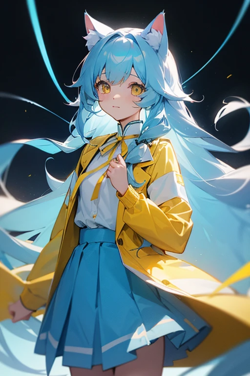 Light blue, slightly long curly hair、Cat ear、Yellow Eyes、White blouse、Yellow jacket、Light blue skirt、Light blue ribbon on chest、Girl、cute