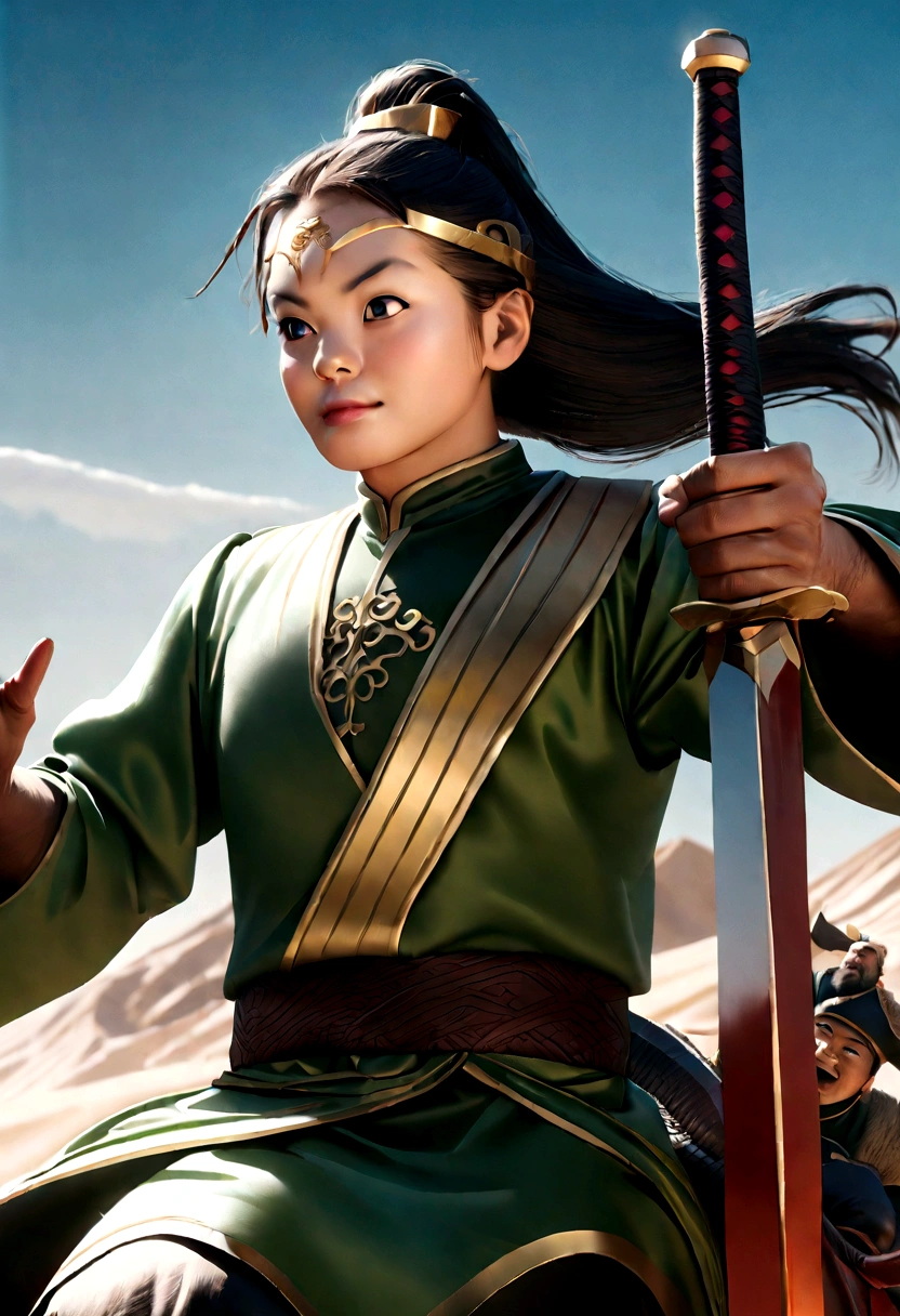 In China, He looks like Guan Yu,Wearing green clothes.Holding a long sword,Funny expression、Gold ring on forehead、Riding the Red Hare、Cartoon style,masterpiece、Photorealistic、High contrast