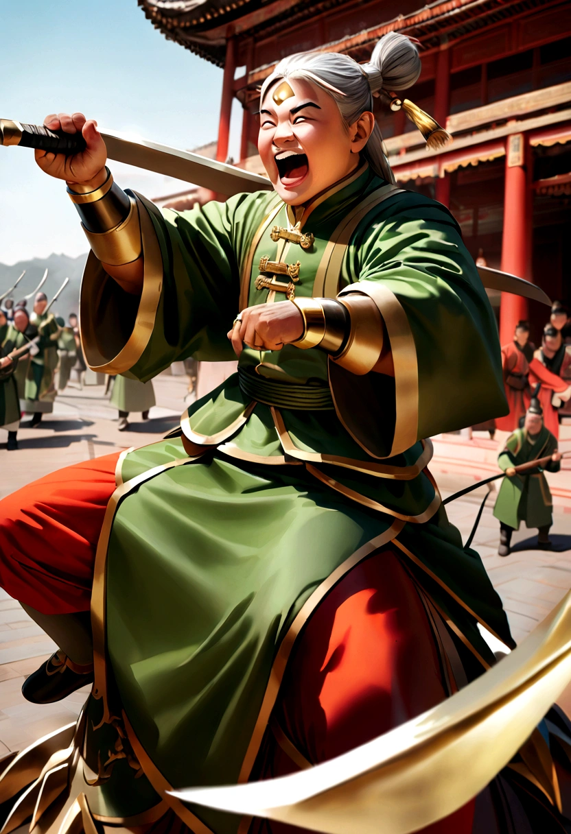In China, He looks like Guan Yu,Wearing green clothes.Holding a long sword,Funny expression、Gold ring on forehead、Riding the Red Hare、Cartoon style,masterpiece、Photorealistic、High contrast