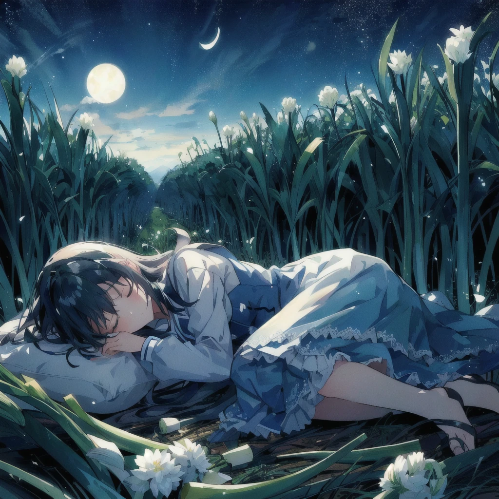 Anime girl sleeping on a blanket in a field of leeks, Spring onion,A white leek head has formed.,Nightcore, Anime Background, A dreamlike night, Anime Wallpaper, hd Anime Wallpaper, Anime Background art, 4K Manga Wallpapers, Anime Wallpaper, 4k Anime Wallpaper, Makoto Shinkai Cyril Rolland, Anime Images, anime art wallpaper 4k, anime art wallpaper 4k, Anime HD Wallpaper
