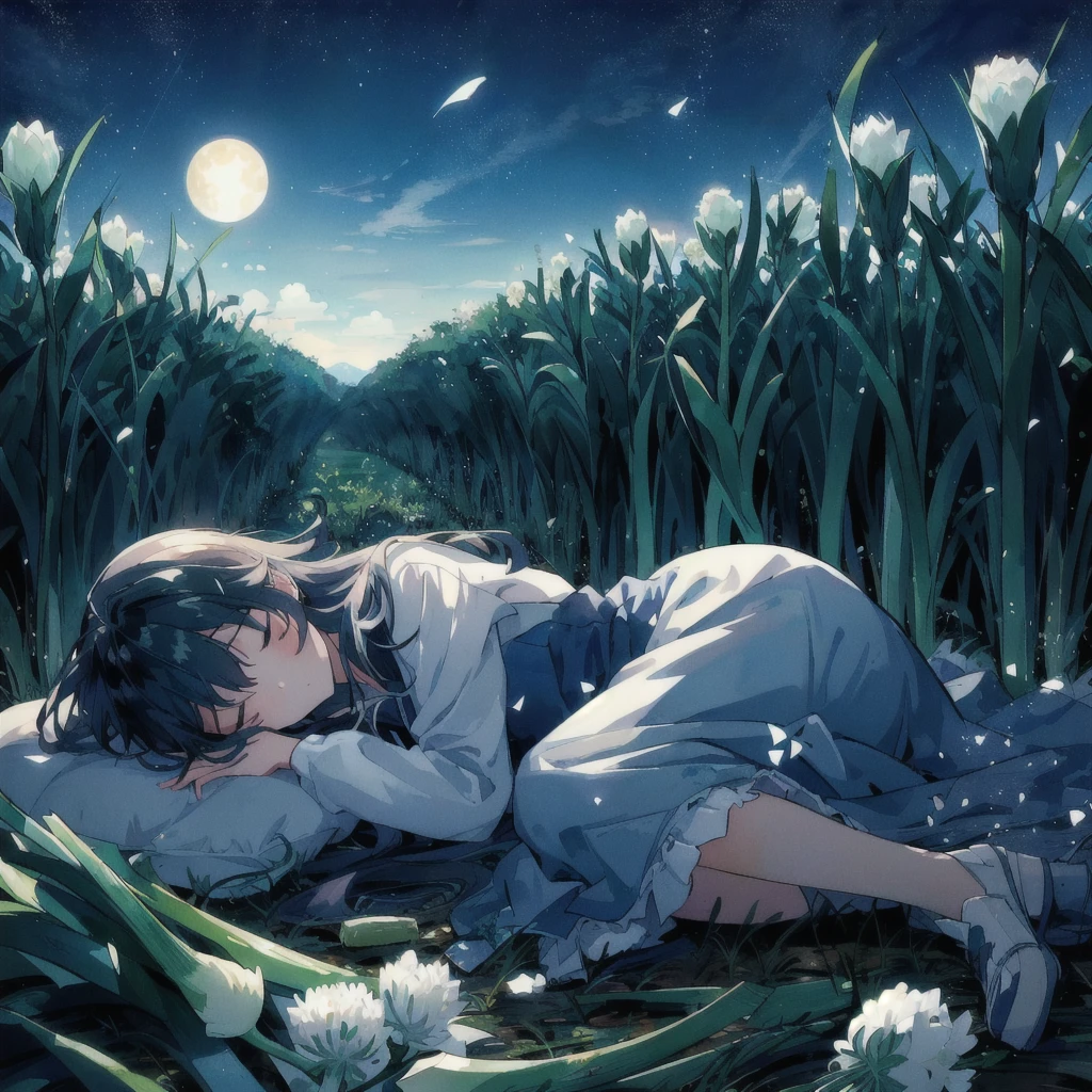 Anime girl sleeping on a blanket in a field of leeks, Spring onion,A white leek head has formed.,Nightcore, Anime Background, A dreamlike night, Anime Wallpaper, hd Anime Wallpaper, Anime Background art, 4K Manga Wallpapers, Anime Wallpaper, 4k Anime Wallpaper, Makoto Shinkai Cyril Rolland, Anime Images, anime art wallpaper 4k, anime art wallpaper 4k, Anime HD Wallpaper