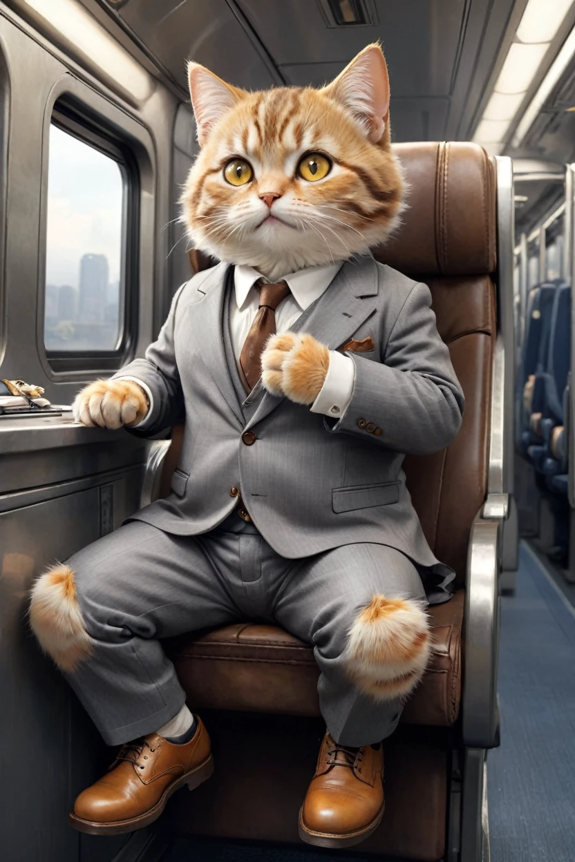 small, かわいいbornき物, I am on a train、Sitting in a seat、Wearing a gray suit、Wearing suit pants、commute、Brown leather shoes、 whole body,Small ,, Costumes, Operating a computer、 Fantasy art, Exquisite detail, Jean-Baptiste Monge Style, office、Alan Lee Style, An anthropomorphic, fat, furry tabby kitten with yellow eyes, Movie Scenes, Dramatic shot angles, , Realistic, born々Amazing cinematic photorealism, Action Portrait, 8K, detailed, Full Frame