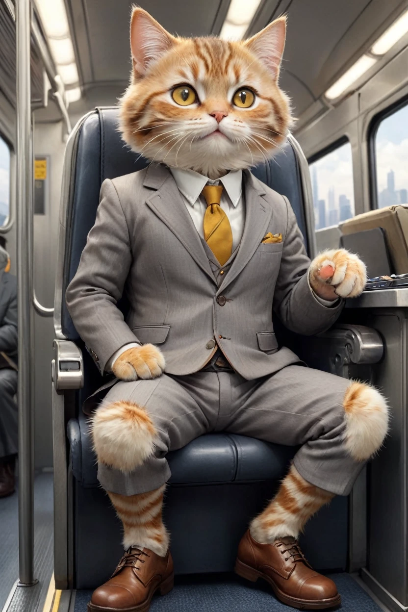  small, かわいいbornき物, I am on a train、Sitting in a seat、Wearing a gray suit、Wearing suit pants、commute、Brown leather shoes、 whole body,Small ,, Costumes, Operating a computer、 Fantasy art, Exquisite detail, Jean-Baptiste Monge Style, office、Alan Lee Style, An anthropomorphic, fat, furry tabby kitten with yellow eyes, Movie Scenes, Dramatic shot angles, , Realistic, born々Amazing cinematic photorealism, Action Portrait, 8K, detailed, Full Frame