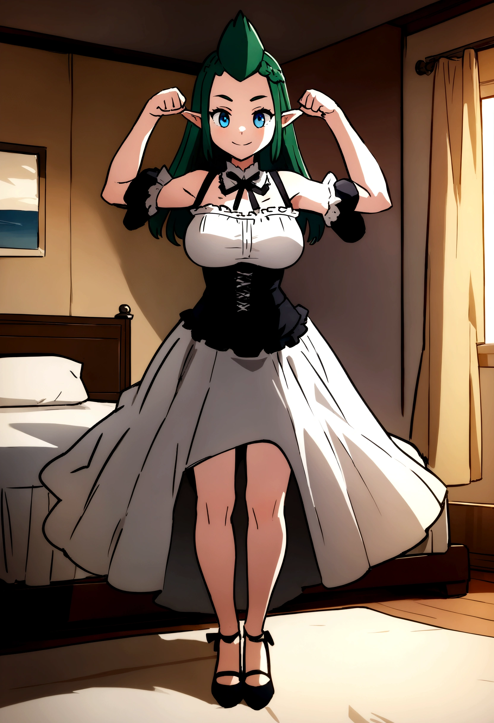 (full body image:1.5), (Princess Zelda, standing, alone:1.2) ,(big bust:1.5), (She is wearing a black maid outfit with a very short white skirt../Clothes that fit her body very well:1.3), (She&#39;s in front of the bed in the hotel room:1.3), She has (blue eyes, dark green mohawk hair:1.2), (she is smiling, looking at viewer. Exhibitionist pose:1.2), animation style, 16,000, best quality, high details, textured skin, uhd, masterpiece, anatomically correct