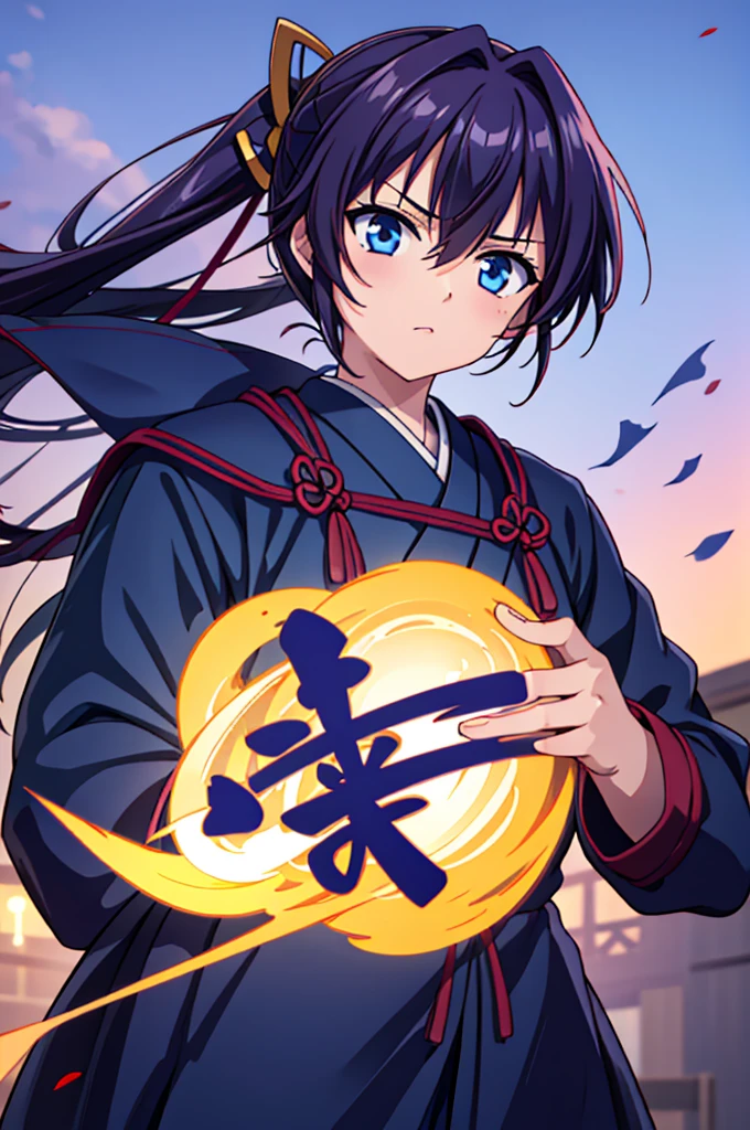 Highest quality, masterpiece, High resolution, alone, （Rurouni Kenshin: Saito Hajime），（Glaring Eyes），roar，（（Dentitions）），Evening sky_background，Young Girl，Anime Style, Highest quality, 4K, masterpiece,， alone, 1,whole body，looking at the camera, Shinkai Makoto style, （dark blue_coat）Sharp Eyes，Low posture，（Japanese Army‗Military Uniform），（Full Finger）, （Accurate fingertips）, （The finer details）, （Anatomically correct）, (映画のbackground), Hyper Detail, (Subtle details), (Intricate details),