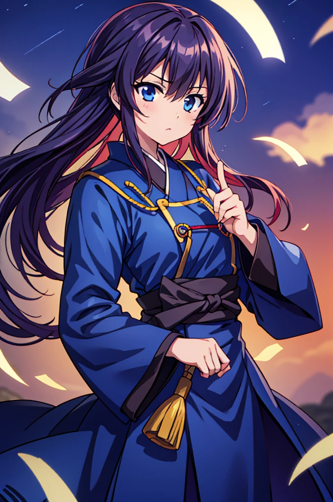 Highest quality, masterpiece, High resolution, alone, （Rurouni Kenshin: Saito Hajime），（Glaring Eyes），roar，（（Dentitions）），Evening sky_background，Young Girl，Anime Style, Highest quality, 4K, masterpiece,， alone, 1,whole body，looking at the camera, Shinkai Makoto style, （dark blue_coat）Sharp Eyes，Low posture，（Japanese Army‗Military Uniform），（Full Finger）, （Accurate fingertips）, （The finer details）, （Anatomically correct）, (映画のbackground), Hyper Detail, (Subtle details), (Intricate details),