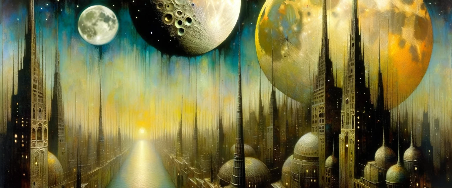 the moon and the surreal city, Artwork inspired by Dave Mckean, intricate details, oil painted