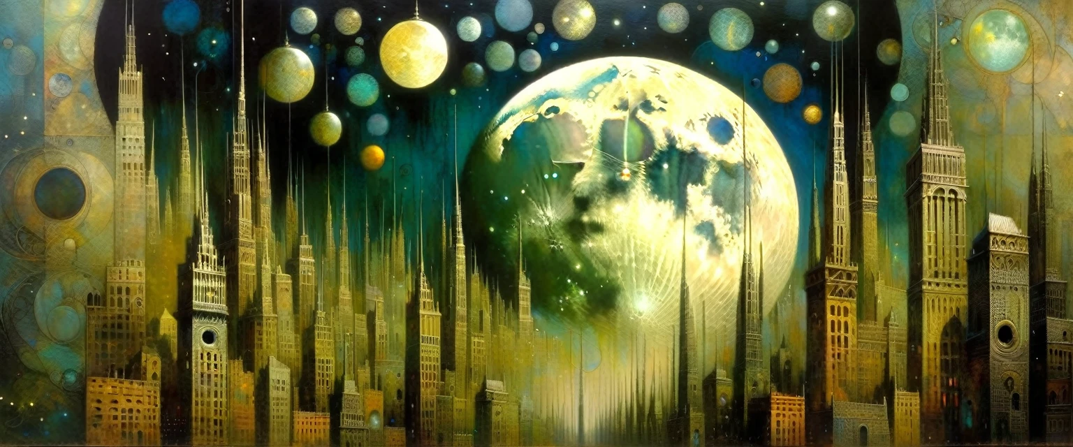 the moon and the surreal city, Artwork inspired by Dave Mckean, intricate details, oil painted
