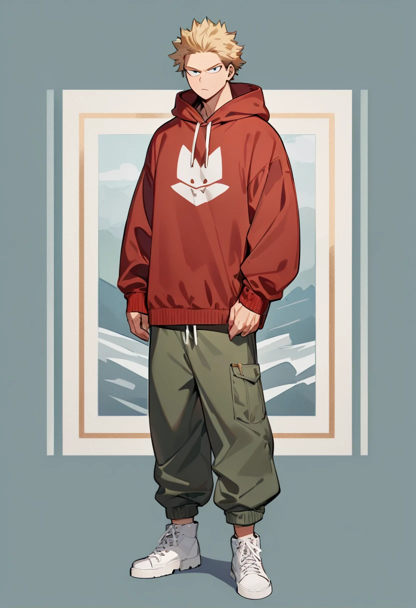 One boy, male focus, brown and blond hair, boku no hero academia, masterpiece, best quality, very aesthetic, red hoodie, navy green joggers, white leather boots, full body illustration, casual front pose.

