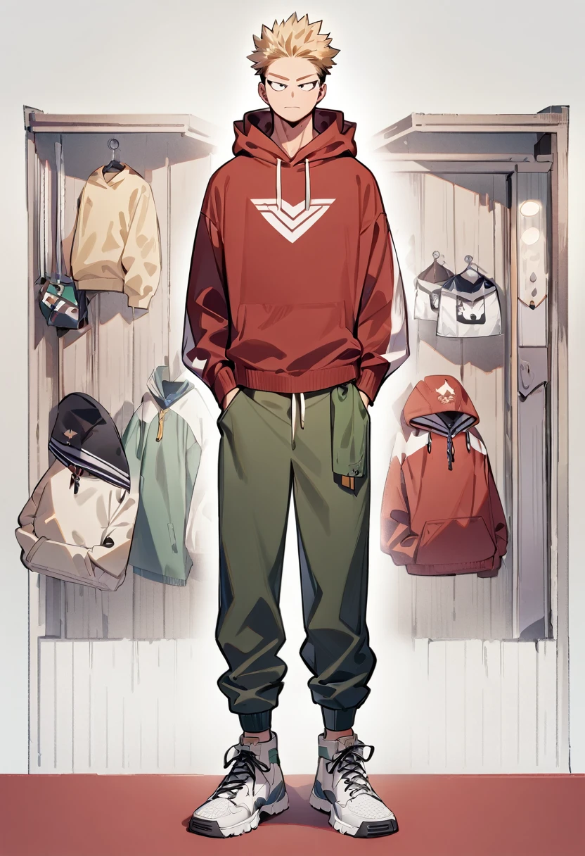 One boy, male focus, brown and blond hair, boku no hero academia, masterpiece, best quality, very aesthetic, red hoodie, navy green joggers, white leather boots, full body illustration, casual front pose.

