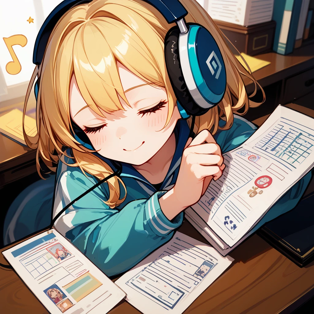 score_9, score_8_up,score_7_up,flat color,(best quality, masterpiece, ultra high-resolution, ultra-detailed: 1.2), An illustration of quarter note and eighth note symbols popping out of headphones. Picture the musical note symbols spilling out of your headphones and spreading out all around you. Don't include paper notes, keep the background simple so the notes stand out, and give the overall pop and energetic feel.
A girl sleeping face down on a desk,Close-up ,smiling,(closed eyes),big headphones,
white background,shiny skin,pale skin,