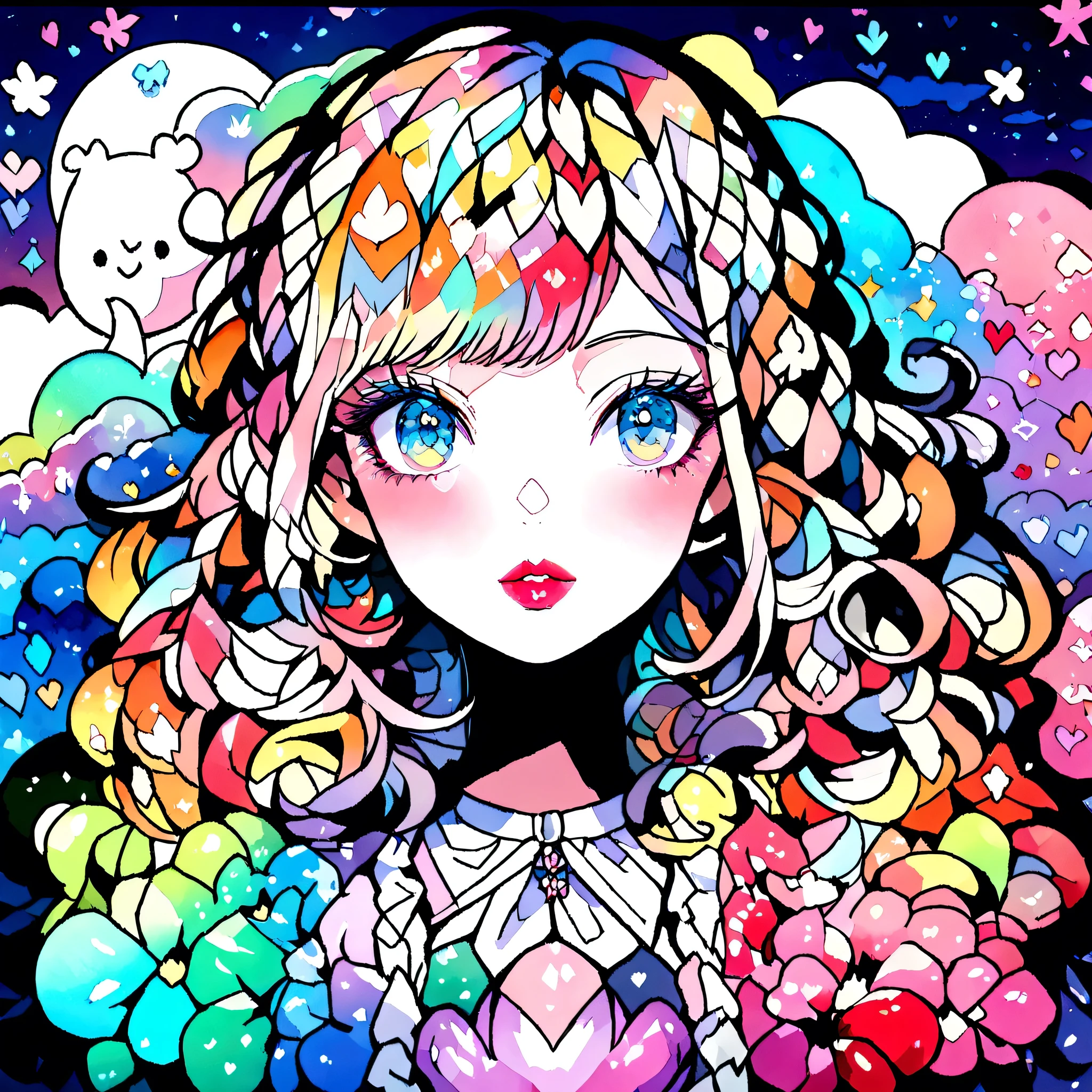 Eku Uekura Style、(((stylish fashion))), 8K Quality、Intense watercolor, Detailed watercolor art, Watercolor splash, Surreal, avant-garde pop art, Beautiful and expressive paintings, Beautiful artwork illustration, Very colorful tones, wonderful, Cool beauty, highest quality、Official Art, Vector art, Stylish design, (((The most beautiful girl))), (((highest quality))), HDR, ((detailed)), (((Doodle Art)), ((masterpiece)), ((Super detailed)), (((Colorful flowers))), colorful hearts, (((Stylish))), Lips in love