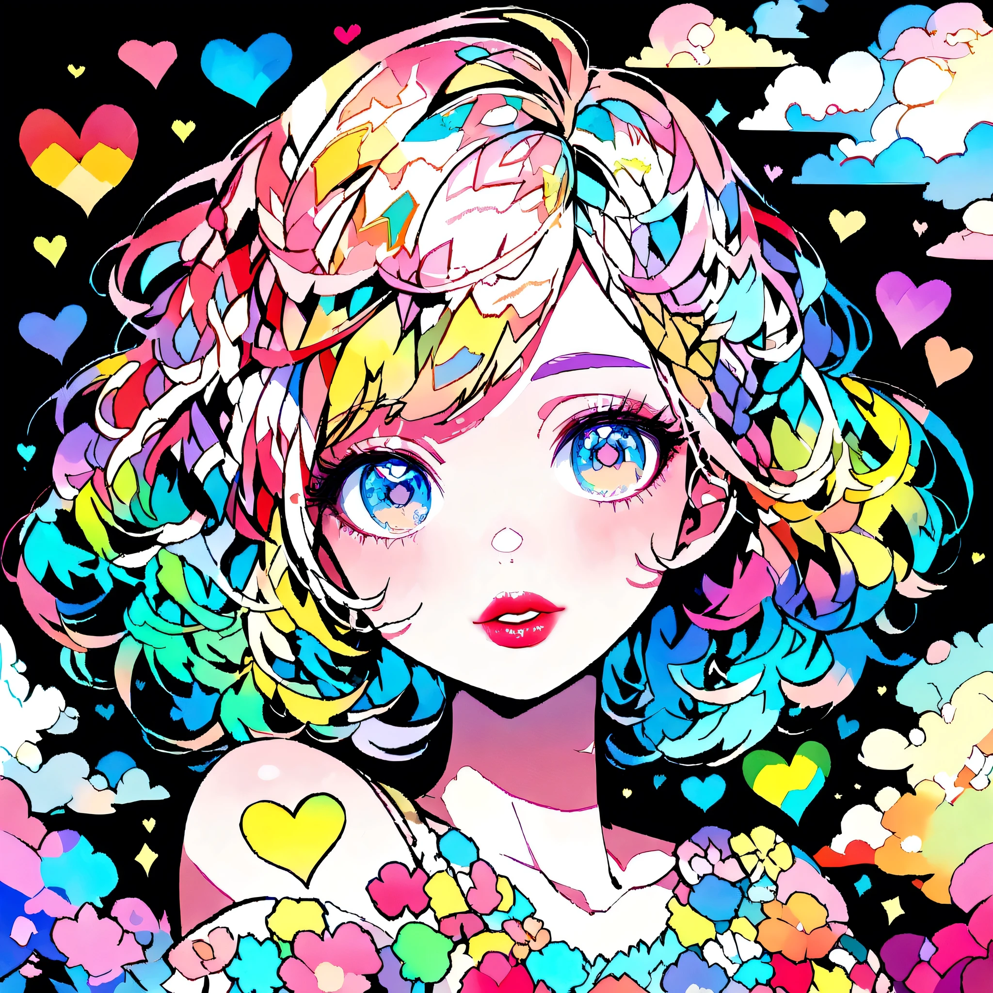 Eku Uekura Style、(((stylish fashion))), 8K Quality、Intense watercolor, Detailed watercolor art, Watercolor splash, Surreal, avant-garde pop art, Beautiful and expressive paintings, Beautiful artwork illustration, Very colorful tones, wonderful, Cool beauty, highest quality、Official Art, Vector art, Stylish design, (((The most beautiful girl))), (((highest quality))), HDR, ((detailed)), (((Doodle Art)), ((masterpiece)), ((Super detailed)), (((Colorful flowers))), colorful hearts, (((Stylish))), Lips in love