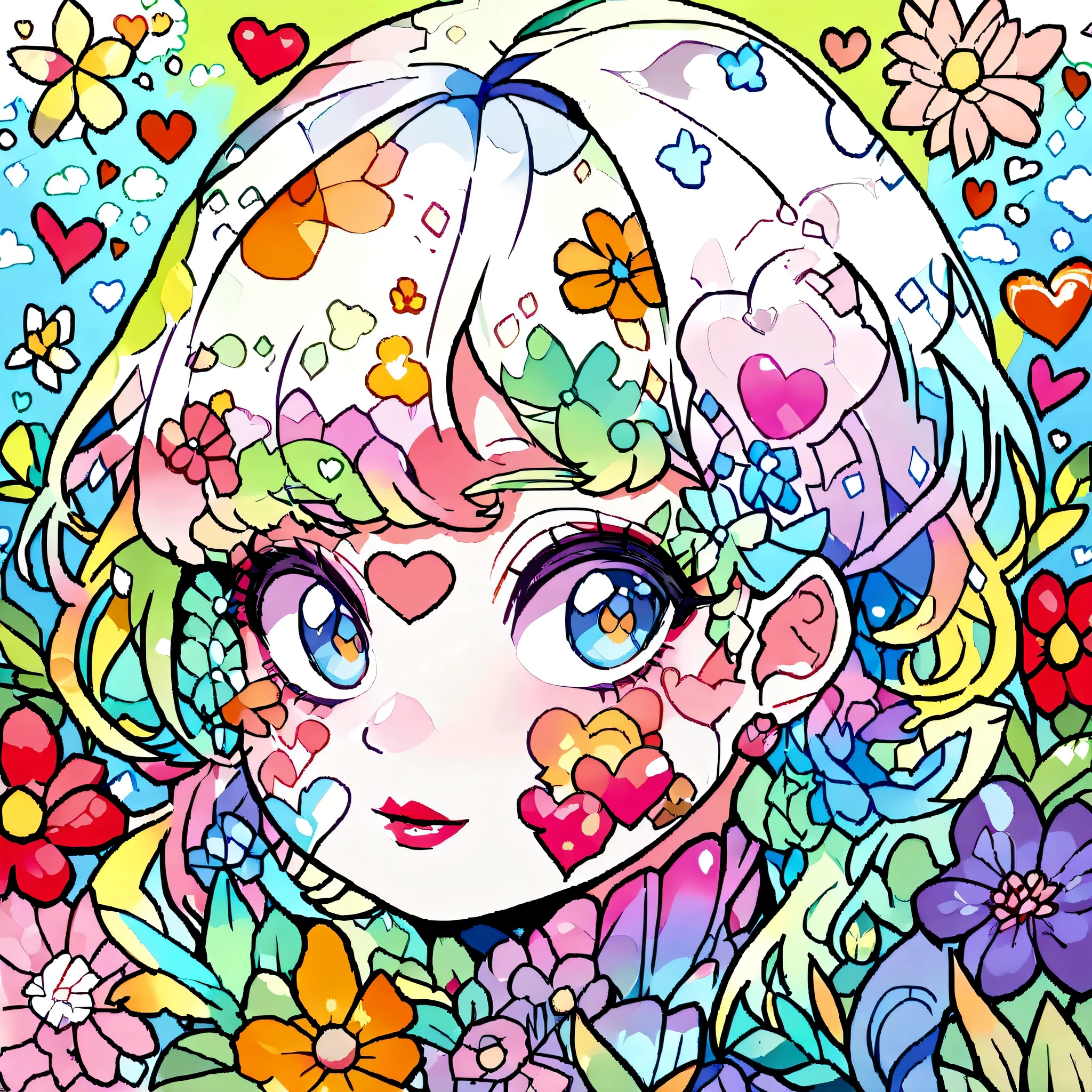 Eku Uekura Style、(((stylish fashion))), 8K Quality、Intense watercolor, Detailed watercolor art, Watercolor splash, Surreal, avant-garde pop art, Beautiful and expressive paintings, Beautiful artwork illustration, Very colorful tones, wonderful, Cool beauty, highest quality、Official Art, Vector art, Stylish design, (((The most beautiful girl))), (((highest quality))), HDR, ((detailed)), (((Doodle Art)), ((masterpiece)), ((Super detailed)), (((Colorful flowers))), colorful hearts, (((Stylish))), Lips in love