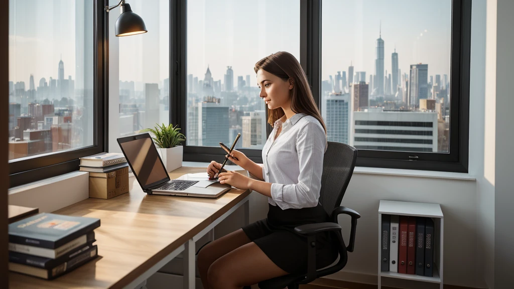 a freelancer working in the office, girl sitting at desk, laptop computer, coffee mug, books, papers, lamp, window view of city skyline, natural lighting, warm color tones, photorealistic, highly detailed, cinematic, 8k, masterpiece