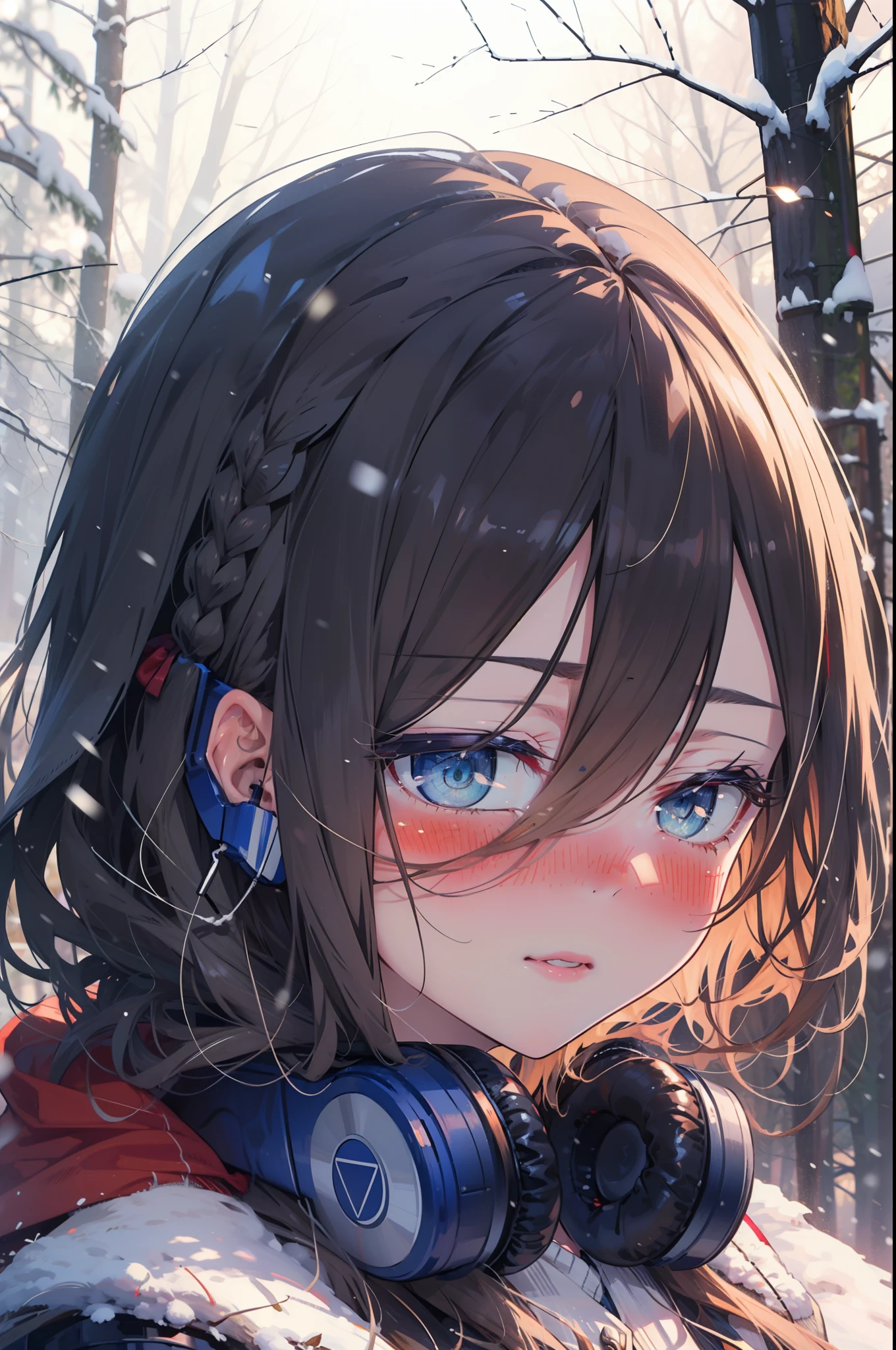 miku nakano, miku nakano, Long Hair, bangs, Brown Hair, shirt, Hair between the eyes, cardigan, Headphones around the neck,smile,blush,White Breath,
Open your mouth,snow,Ground bonfire, Outdoor, boots, snowing, From the side, wood, suitcase, Cape, Blurred, Increase your meals, forest, White handbag, nature,  Squat, Mouth closed, フードed Cape, winter, Written boundary depth, Black shoes, red Cape break looking at viewer, Upper Body, whole body, break Outdoor, forest, nature, break (masterpiece:1.2), Highest quality, High resolution, unity 8k wallpaper, (shape:0.8), (Beautiful and beautiful eyes:1.6), Highly detailed face, Perfect lighting, Highly detailed CG, (Perfect hands, Perfect Anatomy),
