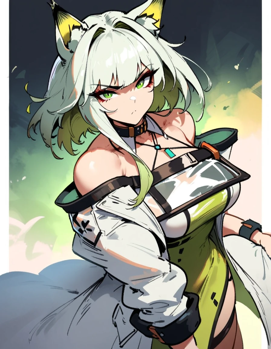 1girl, kal'tsit \(arknights\), arknights \\\\\ masterpiece, best quality, very aesthetic, absurdres, newest \\\\\\ slim body,///// ,by nyantcha,cutesexyrobutts , by khyle,,////// ,,,, , ,,detailed face, , ,, , , , , beautiful face, (white background:1.2), , sexy, , serious.angry, green eyes, animal ears, , ,,,big tits,),  in the center of the frame,,, ,wears a lab coat, ,full body ,  solo, 