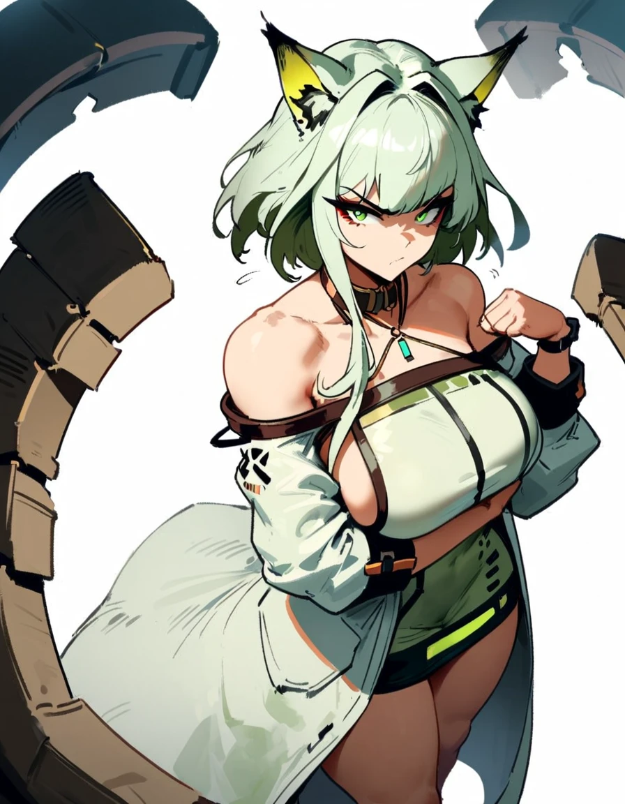 1girl, kal'tsit \(arknights\), arknights \\\\\ masterpiece, best quality, very aesthetic, absurdres, newest \\\\\\ slim body,///// ,by nyantcha,cutesexyrobutts , by khyle,,////// ,,,, , ,,detailed face, , ,, , , , , beautiful face, (white background:1.2), , sexy, , serious.angry, green eyes, animal ears, , ,,,big tits,), in the center of the frame,,, ,wears a lab coat, ,full body , solo,