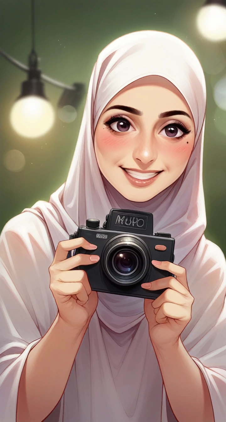 Woman, smile at camera, blushing chick, wearing hijab, and semi casual clothes cover her body with blurry bokeh lamp background, ultra realistic, ultra hd, better quality, 4k image,