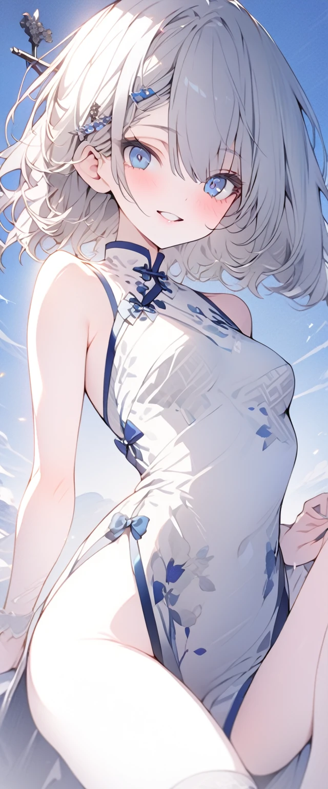 beautiful, masterpiece, Highest quality, anime, One girl, C Cup,Portrait Shot, View your viewers, Intricate details,>,Covered、Short Hair、nearby、Blue Eyes、art、、White hair,Blue streaked hair、wallpaper、、hairpin、smile、Thighs、White cheongsam、blue sky、Leg spread