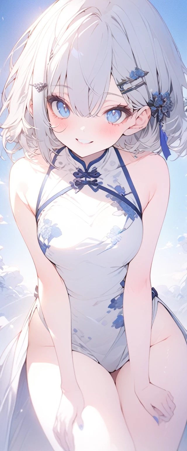 beautiful, masterpiece, Highest quality, anime, One girl, C Cup,Portrait Shot, View your viewers, Intricate details,>,Covered、Short Hair、nearby、Blue Eyes、art、、White hair,Blue streaked hair、wallpaper、、hairpin、smile、Thighs、White cheongsam、blue sky、Leg spread